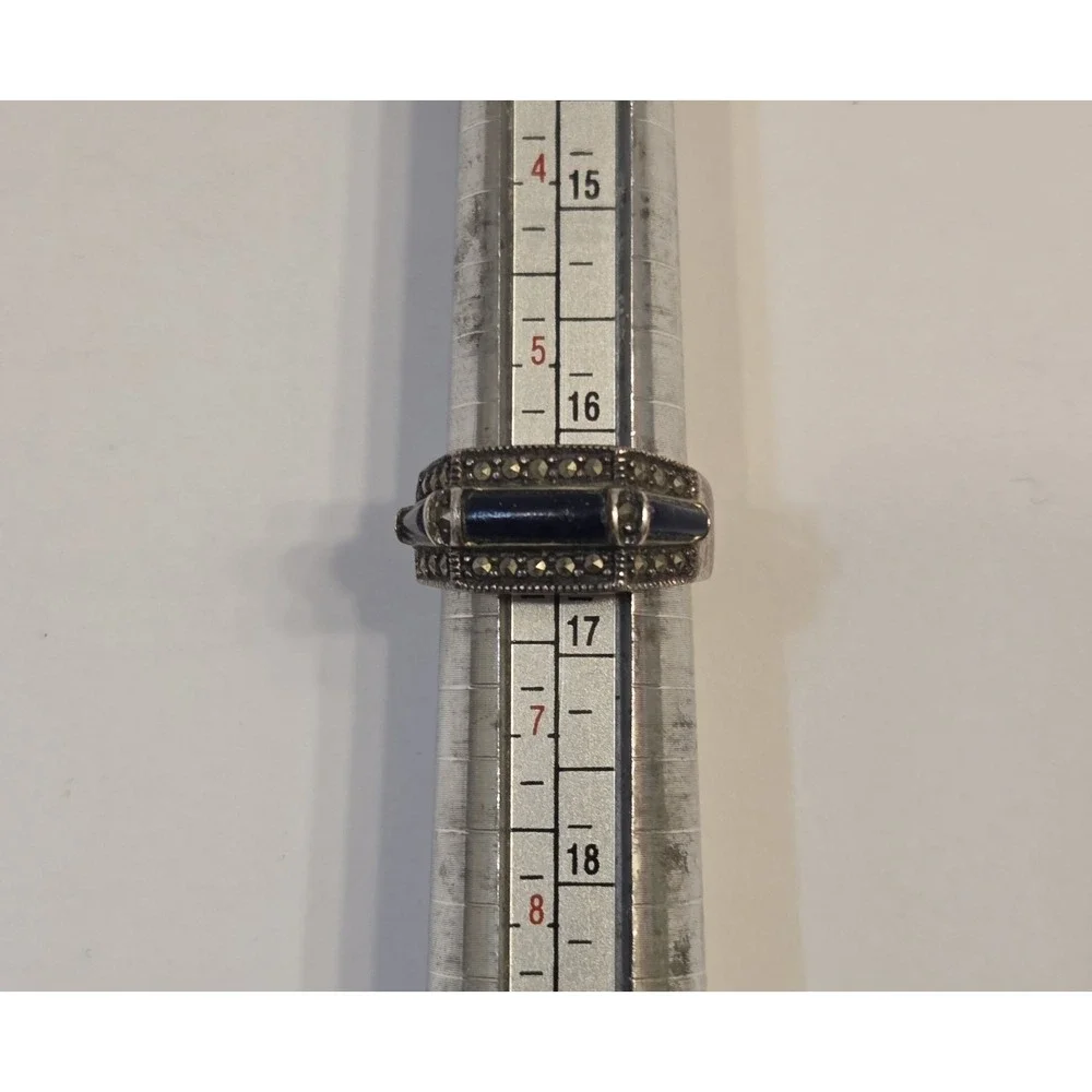 Vintage Art Deco Sterling Silver, Lapis Lazuli & Marcasite Statement Ring Size 6
